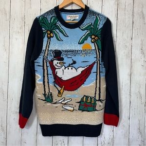 Men's Novelty Christmas Beach Snowman Holiday Sweater SMALL Multicolor NEW